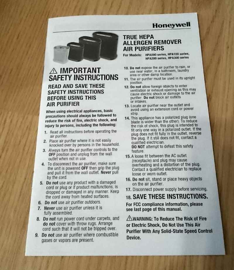 Honeywell HPA300 owners manual image