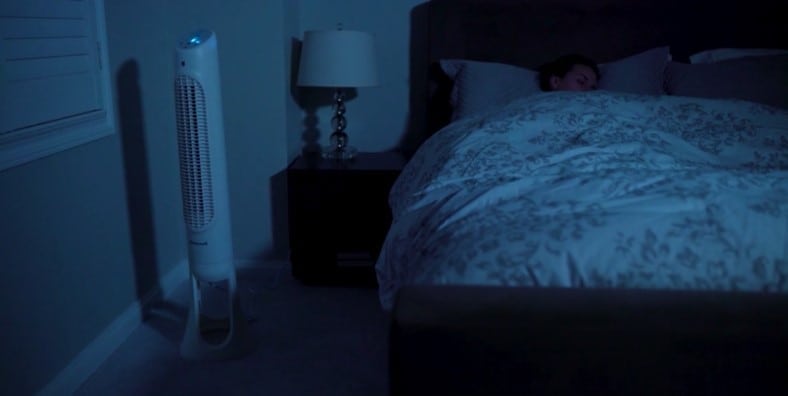 Honeywell QuietSet tower fan at night in bedroom quiet sleep
