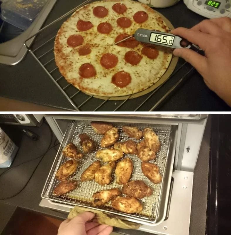 Toaster oven cooked foods example (pizza, wings)