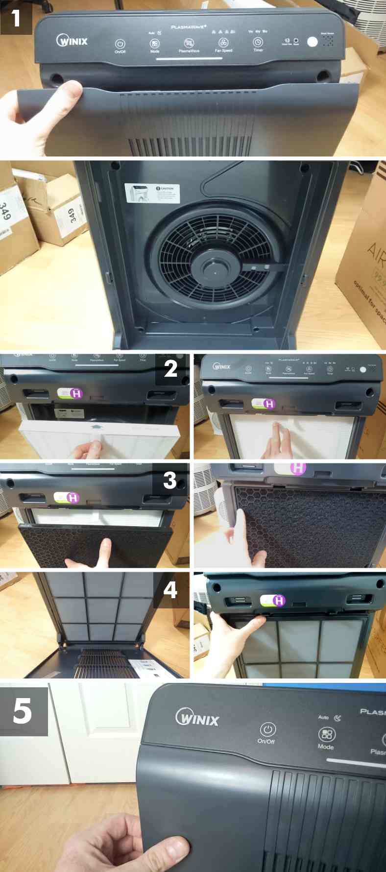 Illustrated images showing how to install filters on the Winix 5500-2 and 5500-3 air purifiers