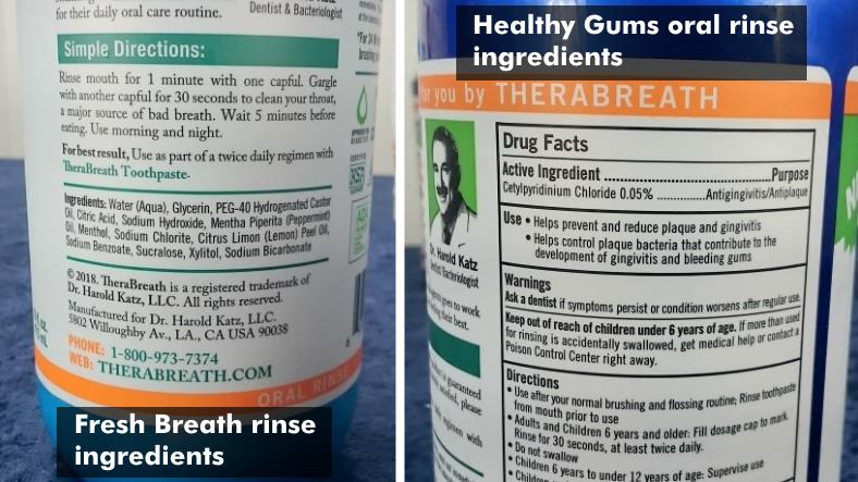 Image of TheraBreath Oral Rinse ingredients for both bad breath and healthy gums products