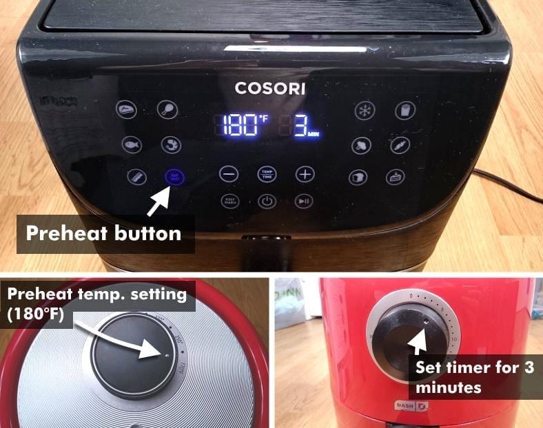 Image showing how air fryer preheat settings for cooking frozen burritos