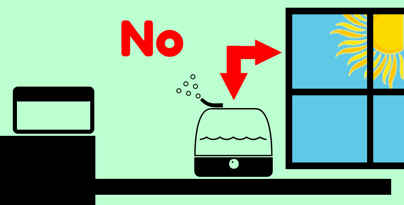 Diagram drawing warning against placing essential oil diffuser near a window