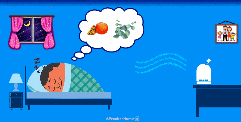 Clip art image of man sleeping in bedroom with essential oil diffuser