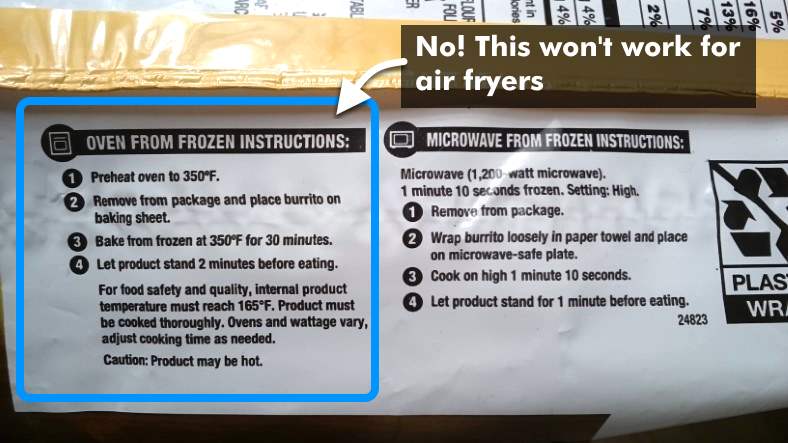 Image showing oven cooking instructions on the package of frozen burritos