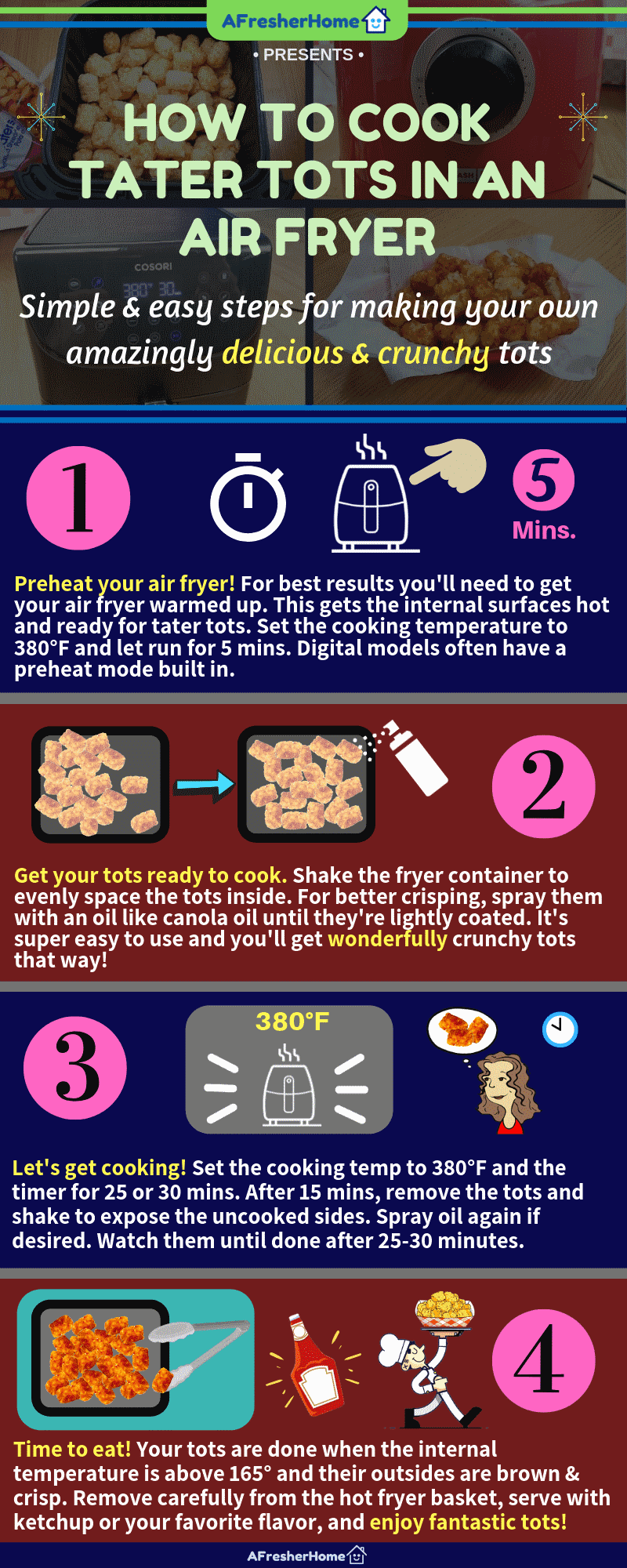 Infographic showing how to cook tater tots in an air fryer