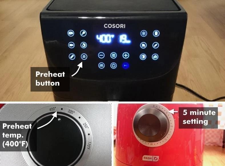 Image showing examples of preheating air fryers for frozen hamburgers