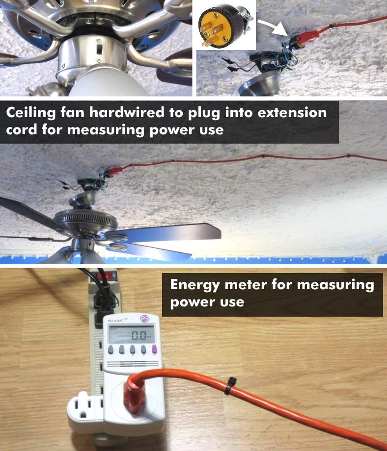 Image of test setup for measuring ceiling fan electricity/energy use with a power meter