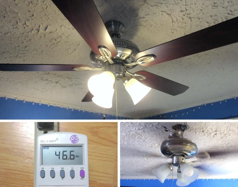Image collage of ceiling fan in use and energy meter measuring power