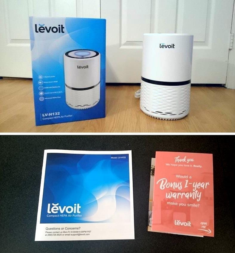 Product image and included items for the Levoit LV-H132 air purifier