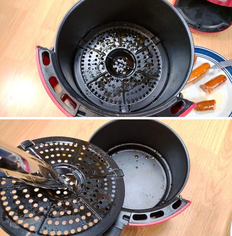 Image of air fryer basket residue after cooking hot dogs