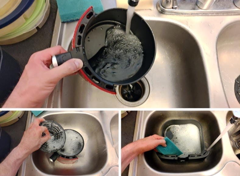 Images of cleaning air fryer baskets in a sink