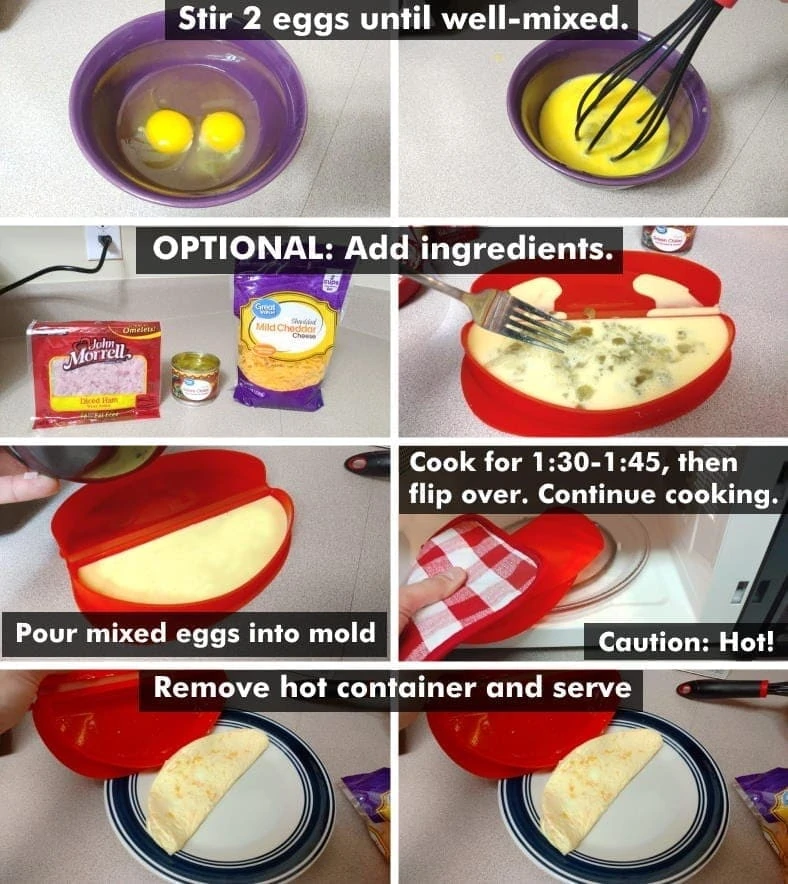 Lekue microwave omelette maker illustrated how-to steps