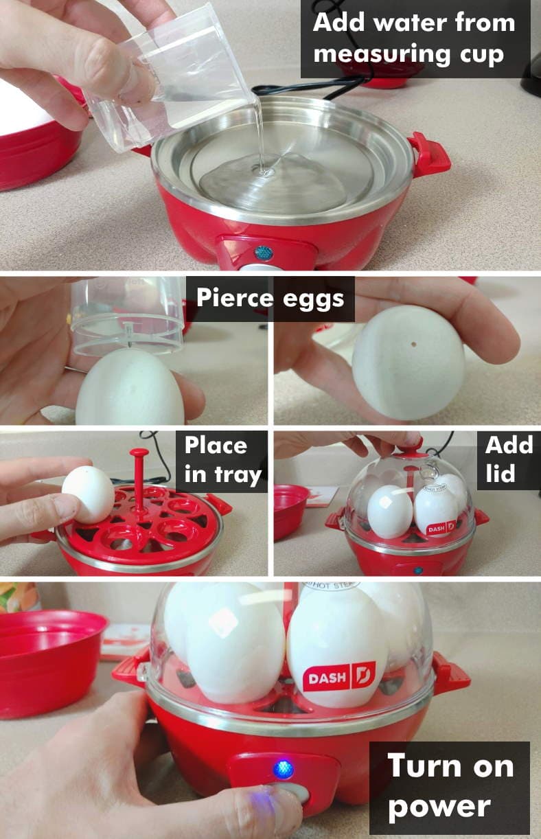Illustrated example images of how to make boiled eggs with the Dash Rapid Egg Cooker