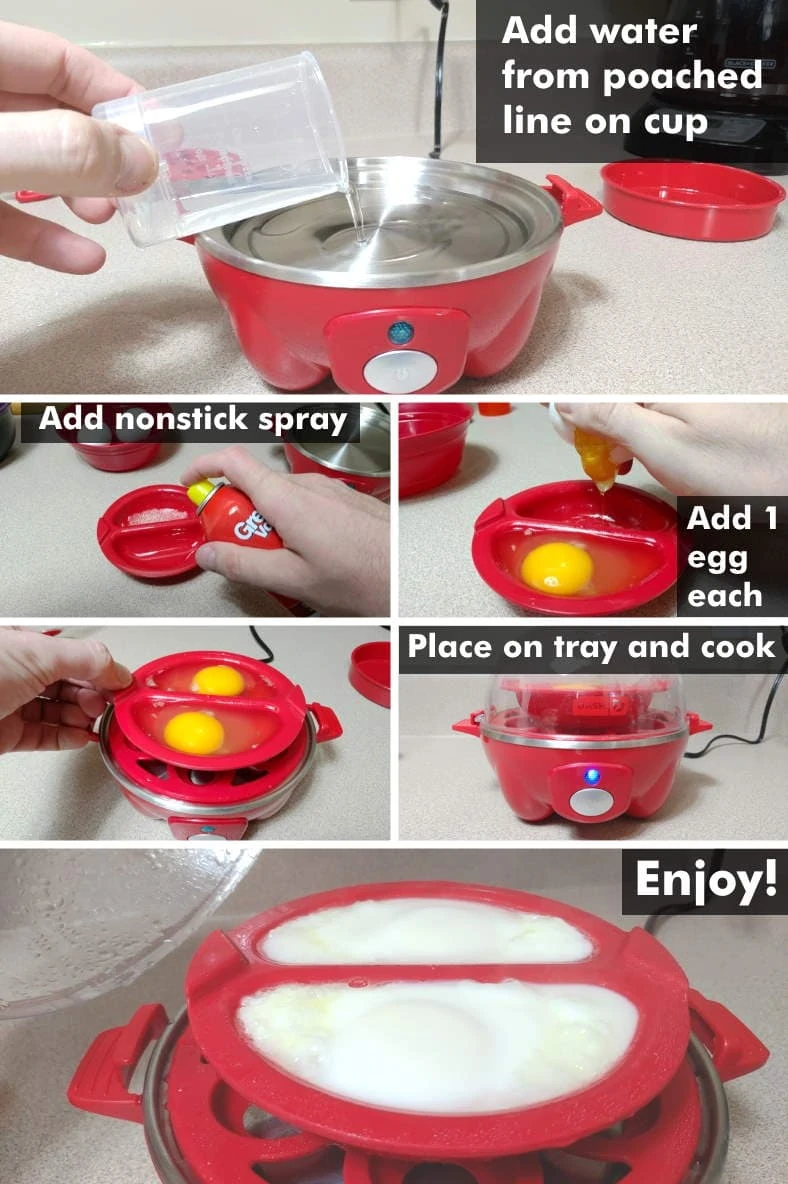 Dash Rapid Egg Cooker how to make poached egg steps illustrated
