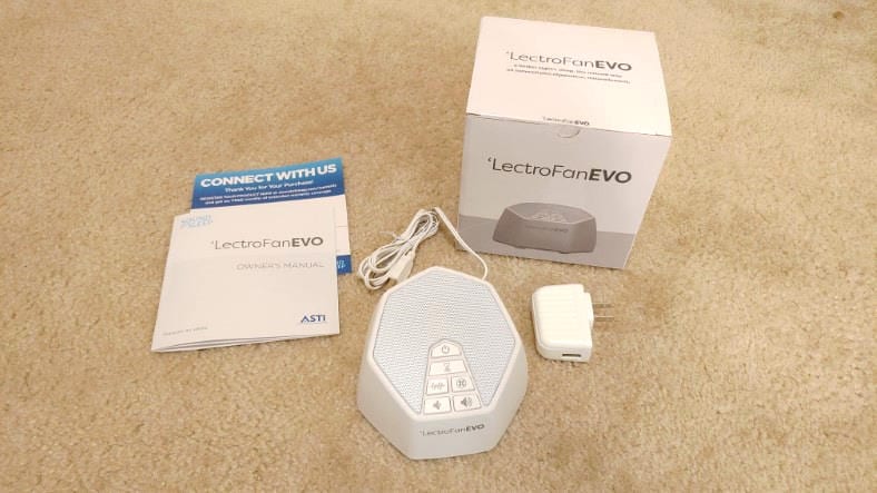 LectroFan Evo white noise machine package and included items